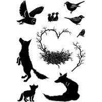 "New Beginnings" Card-io stamp set with foxes, birds, nest, and branches in black silhouette.
