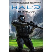 "Book cover for 'Halo: New Blood' featuring a soldier in armor holding a rifle, with a futuristic landscape background"
