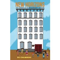 "New Horizons book cover with cartoon school building, children, and dog under blue sky with clouds"