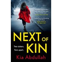 "Next of Kin book cover, girl in red coat running on street, dark background, yellow and white text, by Kia Abdullah"