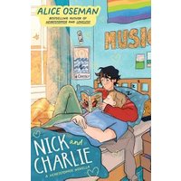 "Nick and Charlie novella by Alice Oseman, illustrated cover of two boys on a bed, one reading, colorful room decor"