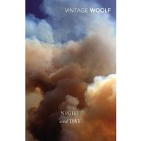 "Vintage Woolf book 'Night and Day' with a cover of swirling clouds in shades of brown, blue, and cream."