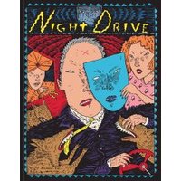 "Colorful 'Night Drive' graphic novel cover with abstract faces and a blue mask, featuring bold, stylized artwork"