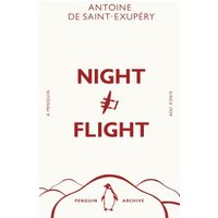 "White book cover of 'Night Flight' with red airplane graphic and red text by Antoine de Saint-Exupéry"