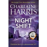 Purple cover book "Night Shift" by Charlaine Harris, featuring a stormy sky over a deserted town street.