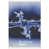Blue-tinted book cover of "Night" by Elie Wiesel featuring frosted barbed wire.