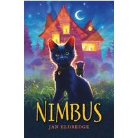 Book cover of "Nimbus" featuring a black cat with glowing eyes, a mouse on its back, and a moonlit house in the background.