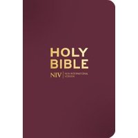 Mulberry-colored NIV pocket Bible with gold zip and embossed gold lettering on the cover.