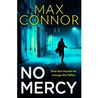 "No Mercy book cover with silhouette running in blue-lit alley, bold yellow author name and white title text."