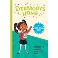 Children's book "Everybody's Home" with illustrated girl holding a book, colorful confetti background.
