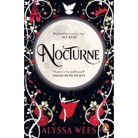 Book cover for "Nocturne" by Alyssa Wees, featuring a large moon, red roses, and ornate white vines.