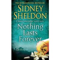 Teal book cover of "Nothing Lasts Forever" by Sidney Sheldon with spilled pills and cityscape background.