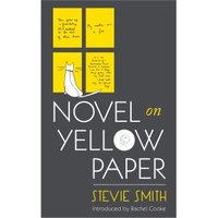 "Dark gray cover of 'Novel on Yellow Paper' with yellow window, white cat illustration, and bold white text."