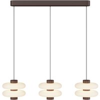 Brown Nuvem LED bar pendant light with three round white diffusers, dimmable, 3000K by Maytoni Lighting.
