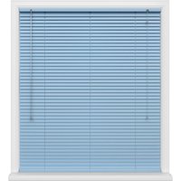 Blue Venetian blinds with white frame and pull cords.