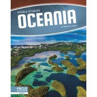 "Oceania textbook with aerial view of islands and blue waters, brown header, and white title text."