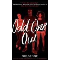 "Black book cover of 'Odd One Out' by Nic Stone, featuring three silhouetted figures in red lighting"