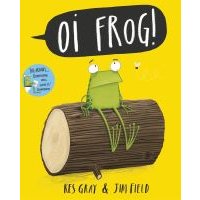 Children's book "Oi Frog!" with a green frog on a log against a bright yellow background.