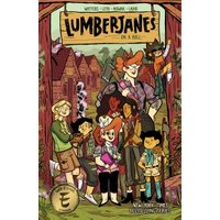 "Lumberjanes comic book 'On a Roll' cover with diverse characters in camp setting, holding various items."