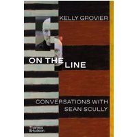 "Book cover 'On the Line' by Kelly Grovier, featuring abstract stripes and a small portrait of Sean Scully."