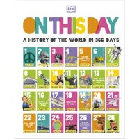 "Colorful 'On This Day' book cover with historical images and dates in grid format, DK logo at top."