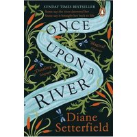 "Once Upon a River book with a winding river design, orange floral accents, and dragonflies on a dark background"
