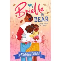 "Brielle and Bear book with illustrated couple, girl holding book, boy with headphones, pink and orange background"