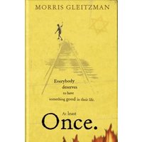 Yellow book cover of "Once" by Morris Gleitzman with a child on train tracks and a Star of David.