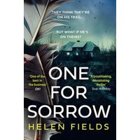 "One for Sorrow book by Helen Fields, dark cover with house, feathers, and glowing windows, thriller quotes featured"
