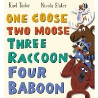 Children's book "One Goose, Two Moose, Three Raccoon, Four Baboon" with colorful animal illustrations on cover.