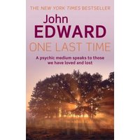 "Book 'One Last Time' by John Edward with sunset-lit trees and purple sky on cover, labeled as a New York Times Bestseller"