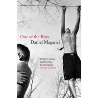 "One of the Boys" book cover, black and white photo of two boys, one hanging from a bar, bare trees in background.