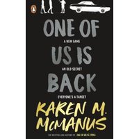 "Black book cover 'One of Us Is Back' by Karen M. McManus, features silhouettes and a white car illustration"