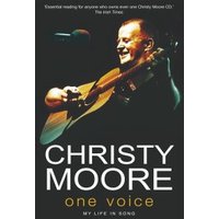 "Christy Moore 'One Voice' book cover with musician playing guitar, dark background, white and yellow text"