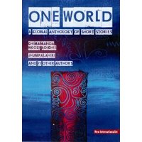 "One World anthology book with blue cover, white title, and red abstract design at the bottom."