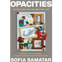 "Book 'Opacities' by Sofia Samatar, cover with floral art, red horse figurine, and various decorative items"