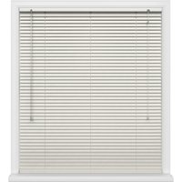 White horizontal window blinds with pull cord, set in a white frame.