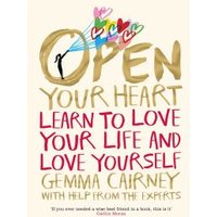 "Open Your Heart book cover with colorful heart illustrations and bold gold and red text"