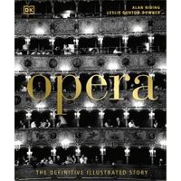 "Black and white book cover titled 'Opera' with gold text and illustrated theater balconies"