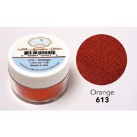 Clear jar of orange glitter powder by Go Craft, labeled "Orange 613," with a sample swatch beside it.