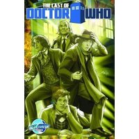 "Doctor Who comic cover featuring four characters in green tones with a TARDIS and glowing background."