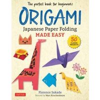 Origami book cover with colorful paper animals, including a giraffe, crane, and cat, titled "Origami Made Easy".
