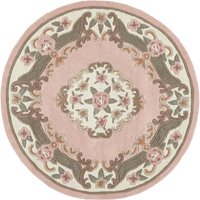 Round pink wool rug with intricate floral and geometric patterns in brown and cream, 120cm diameter.