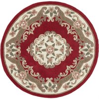 Round wool rug with red, beige, and green floral patterns, ornate central medallion, 120cm diameter.