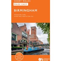 "Orange and white cover of 'OS Short Walks Made Easy - Around Birmingham' guidebook with canal and buildings image"