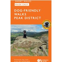 Orange cover book "OS Short Walks Made Easy" with dog on rocky landscape, Peak District scenery.