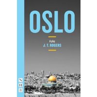 "Oslo play by J.T. Rogers, cover with blue title, grayscale cityscape, and yellow dome in foreground"