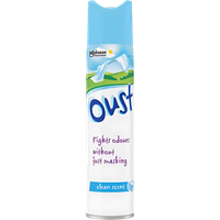 Oust Odour Clean Scent Air Freshener, 300ml white can with blue cap, mountain graphic, and purple text.