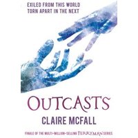 "Outcasts" book by Claire McFall, features two blue and purple hands reaching for each other on a white cover.