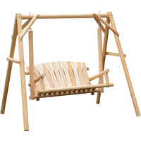Wooden rustic 2-seater porch swing with slatted backrest, armrests, and sturdy A-frame for outdoor patio use.